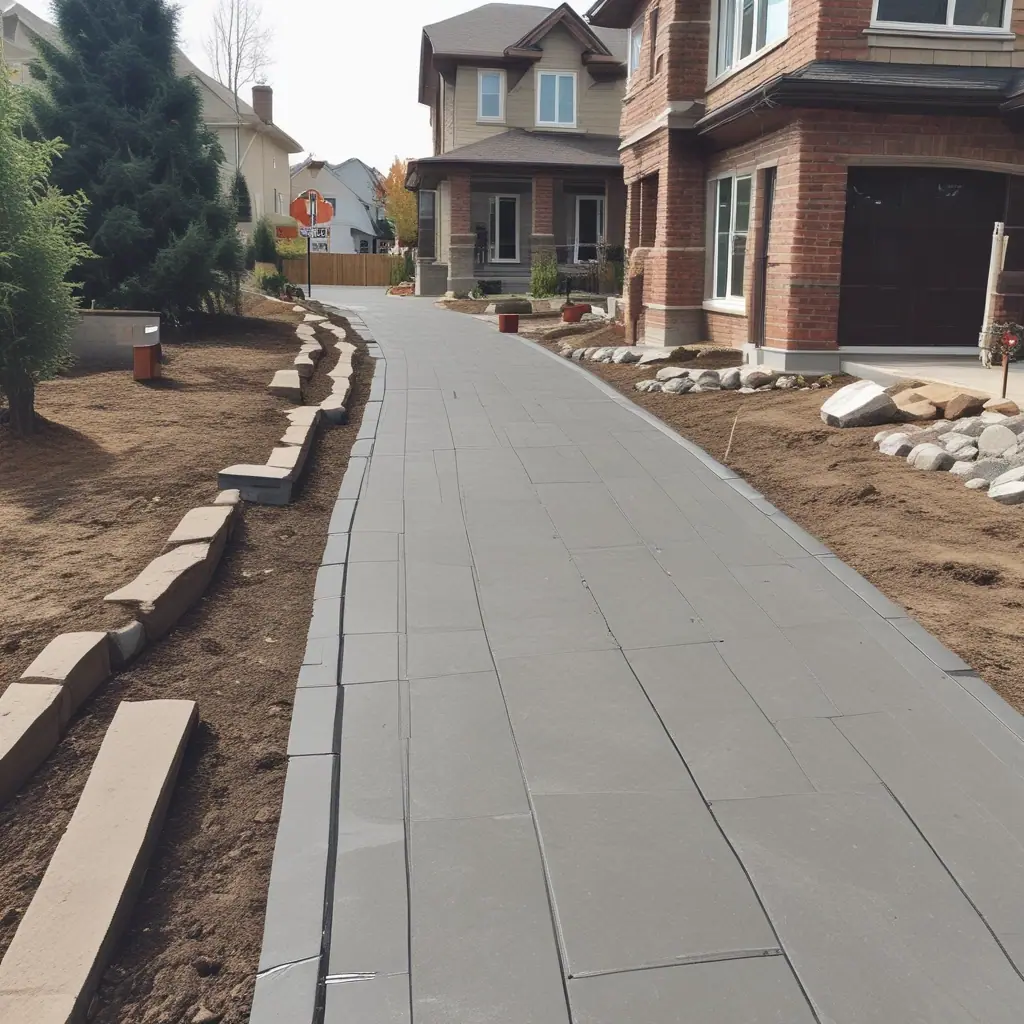 New concrete walkway along a house with armour stone border
