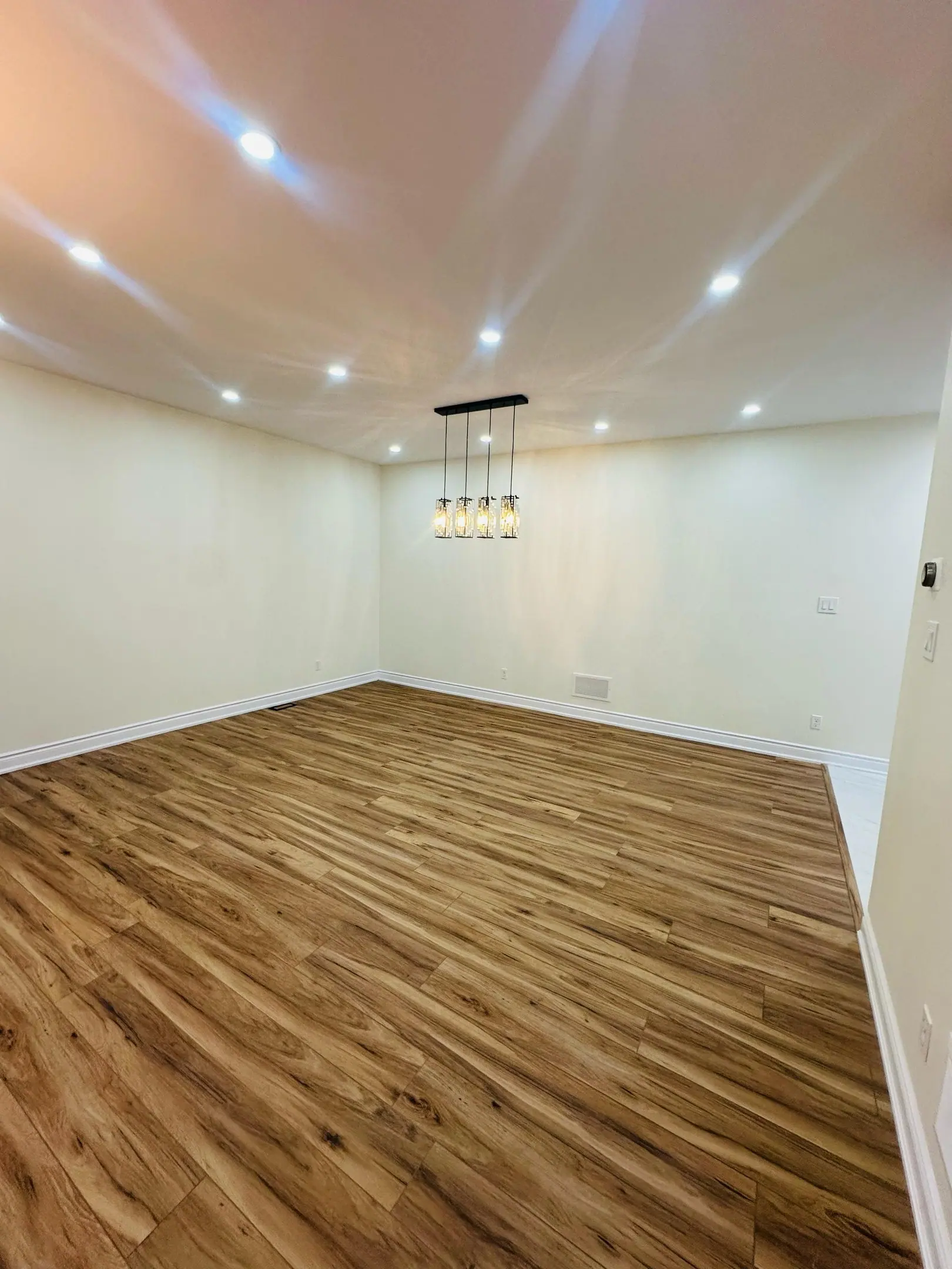 Dining room with modern chandelier and wide-plank floor