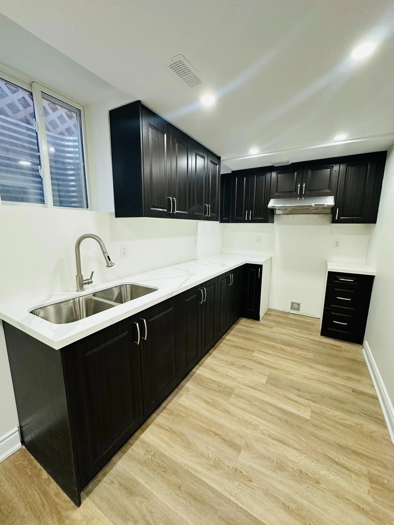 Espresso cabinet kitchen with double sink and quartz counters