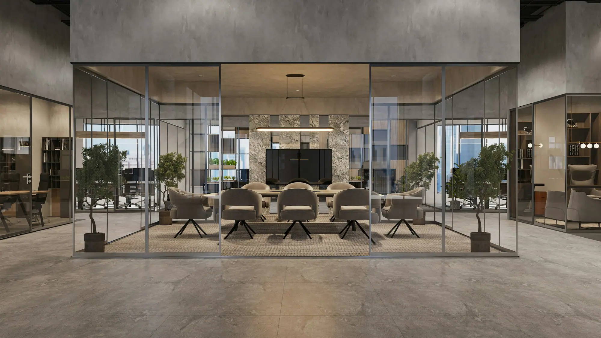 Glass-walled boardroom in a renovated office