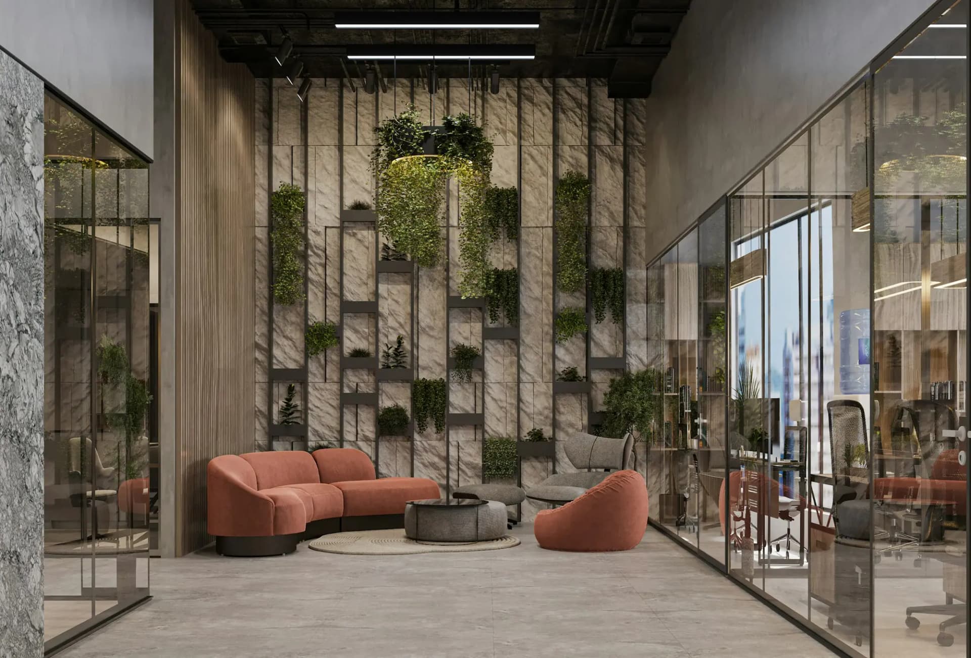 Office lounge with lounge seating and glass-walled rooms